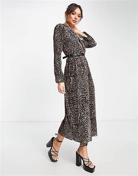 Asos Design Plisse Midi Wrap Dress With Belt In Leopard Print Asos