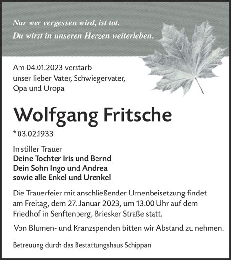 Traueranzeigen Von Wolfgang Fritsche Lr Online Trauer De