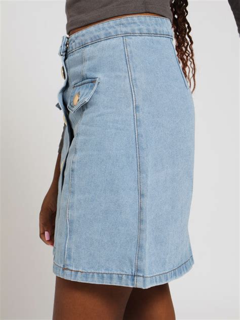 Fancy Button Front Denim Mini Skirt Stonewash Legit