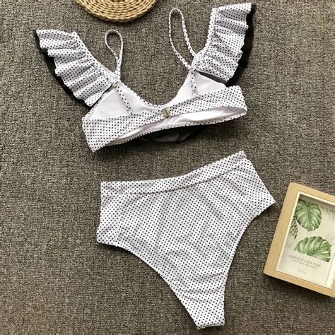 Free Shipping Vintage Ruffled High Waist Bikini Female Swimsuit Women Swimwear Two Pieces