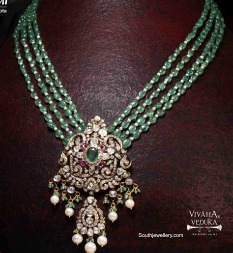 Emerald Beads Necklace With Polki Pendant Indian Jewellery Designs