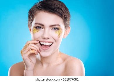 Oveerjoyed Woman Standing Naked On Blue Stock Photo 551977081 Shutterstock