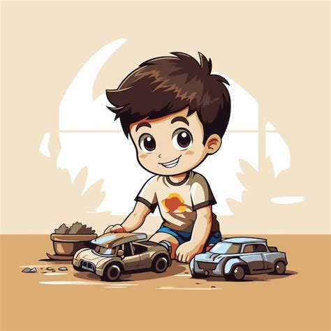 Un niño lindo jugando con un coche de juguete Ilustración vectorial