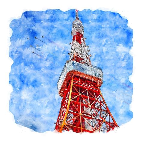 Torre de tóquio japão esboço em aquarela ilustrações desenhadas à mão