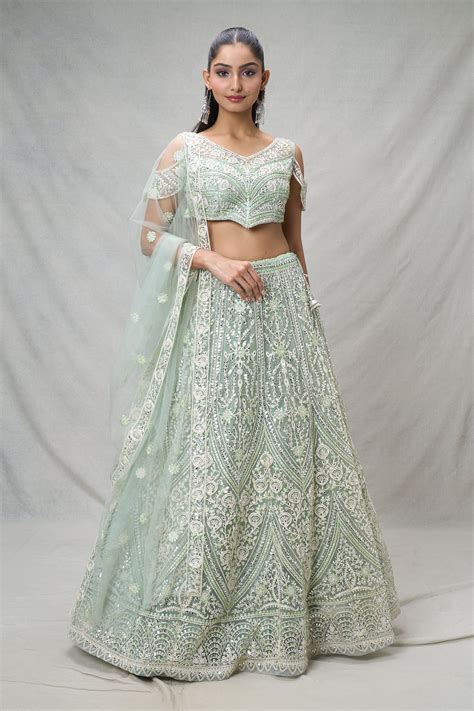 Buy Green Net Embroidered Sequin V Neck Floral Garden Dori Lehenga Set