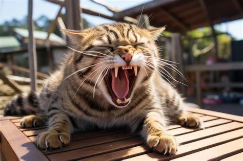 Premium Ai Image A Cat Yawning While Sitting On A Wooden Table