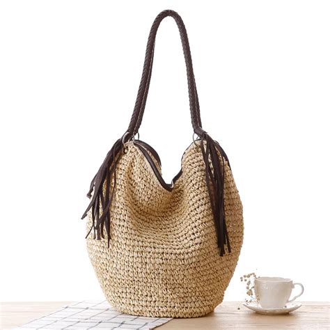 2017 Summer Beach Bag Women Manual Woven Knitted Tassel Straw Shoulder