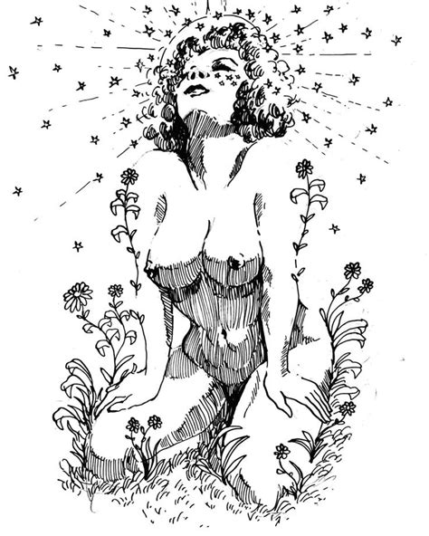 A Black And White Drawing Of A Naked Woman Sitting In The Grass With