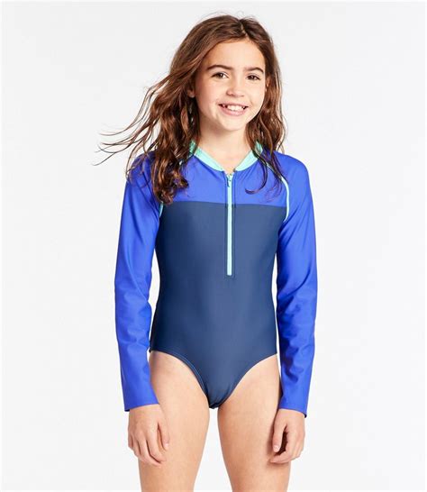 Girls' Watersports Swimsuit One-piece Long Sleeve, Colorblock