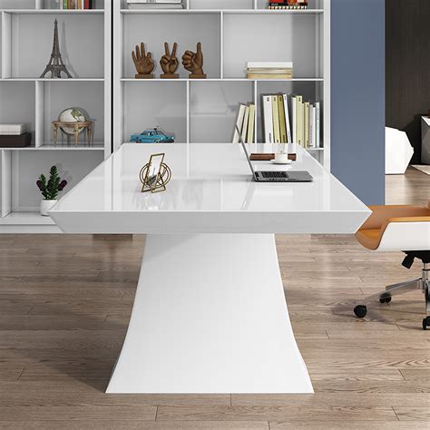 55" Modern White Computer Desk Rectangular Office Desk with Pedestal Base-Homary