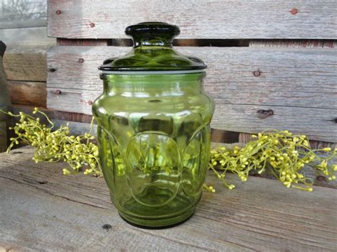 Vintage Green Glass Canister With Lid Apothecary Jar Etsy Vintage