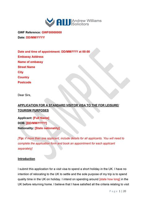 Uk Tourist And Visit Visa Cover Letter Example Immigration Solicitors