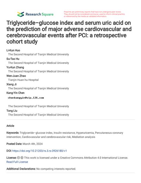 Pdf Triglyceride Glucose Index And Serum Uric Acid On The Prediction Of Major Adverse