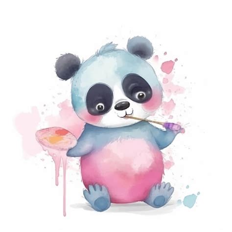 Uma Pintura De Panda Em Aquarela Uma Paleta De Cores Rosa E Azul