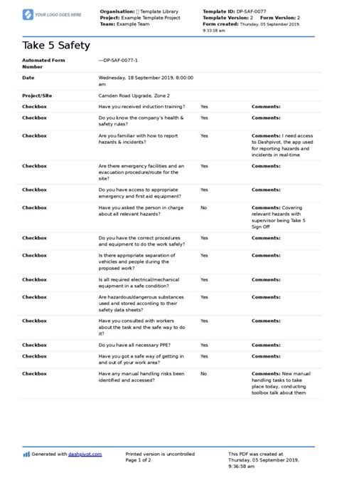 Take 5 Safety Template Free And Editable Take 5 Template