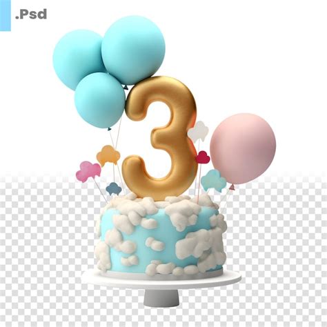 Gâteau D anniversaire Numéro 3 Avec Ballons Bleus Et Nuages Blancs