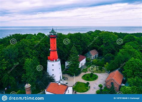 Aerial View Of Lighthouse In The Small Village Of Rozewie On The Polish