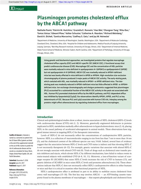 Pdf Plasminogen Promotes Cholesterol Efflux By The Abca1 Pathway