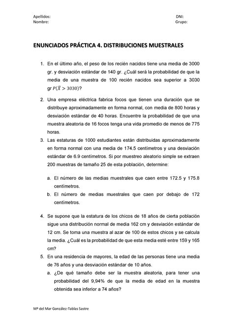 Práctica 4 Distribuciones Muestrales Apellidos Nombre Dni Grupo