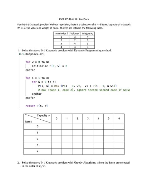 Quiz12 Knap Sack Review Sheet CSCI 335 Quiz 12 KnapSack For The 0