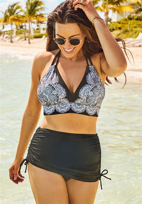 Avenger Halter Bikini Set With Ruched Side Tie Skirt Black White Lace Print Black