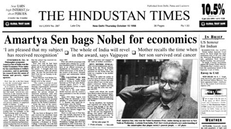 HT THIS DAY: October 15, 1998 — Amartya Sen bags Nobel for economics ...