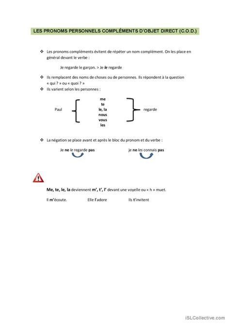 Pronoms Personnels Cod Pratique De L Fran Ais Fle Fiches Pedagogiques