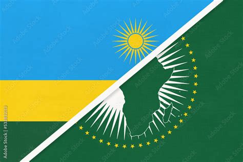 African Union and Rwanda national flag from textile. Africa continent ...