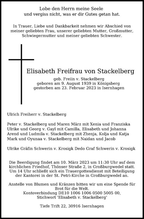 Traueranzeigen Von Elisabeth Freifrau Von Stackelberg Trauer Anzeigen De