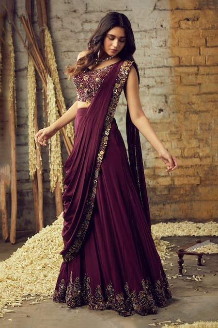 Buy Purple Crepe Hand Embroidered Pre-draped Sharara Saree With Blouse ...