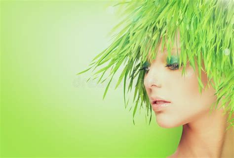 Nature Beauty Woman With Fresh Grass Hair Stock Photo Image Of Look