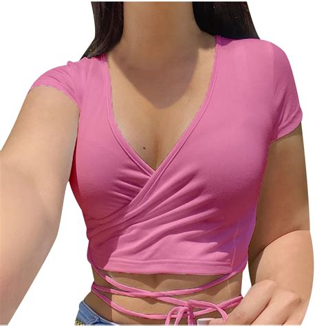 Posijego Workout Tops For Women Wrap V Neck Crop Top Summer Short