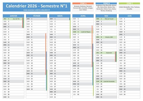 Calendrier Du Er Semestre Imprimer