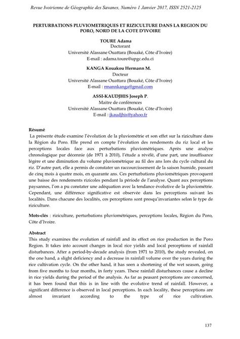 Perturbations Pluviometriques Et Riziculture Dans La Region Du Poro