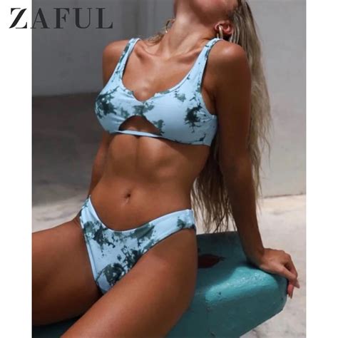 ZAFUL Bikini con muesca en V traje de baño con estampado de tinta