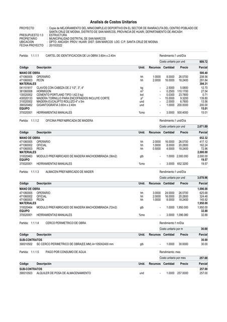 An Lisis De Costos Unitarios De Estructura De Mini Complejo Deportivo