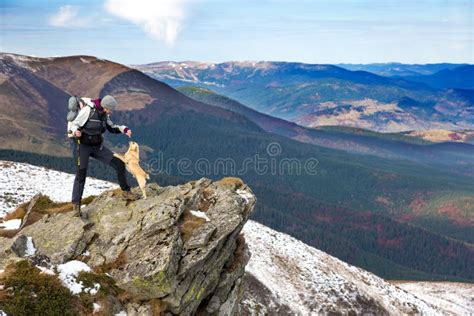 Hiker Playing With Accompanying Dog Staying At Rocky Mountains Cliff