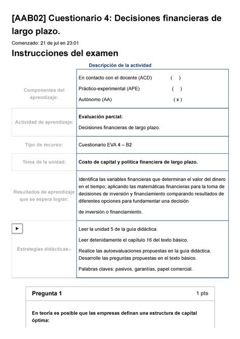 B2 Examen Cuestionario 4 Decisiones Financieras De Largo Plazo AAB02