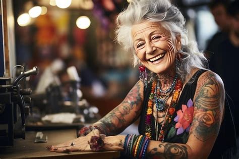 Premium AI Image | A joyful older woman with vibrant tattoos and ...