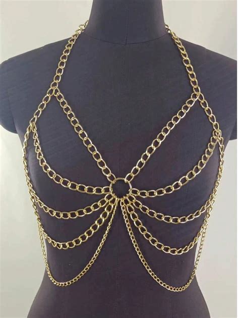 1pc Sexy Backless Halter Neck Metal Ring Chain Linked Crop Top Vest Bikini Body Chain SHEIN USA