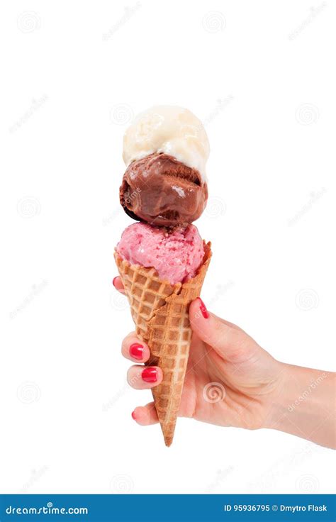 Chocolate Vanilla And Strawberry Ice Cream Cone On White Background