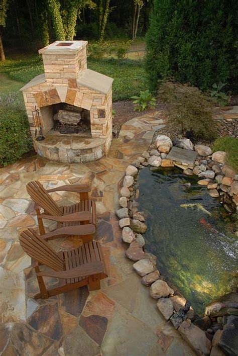 Natural backyard design ideas with pond