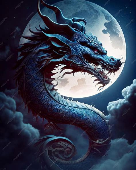 Premium Photo | Blue dragon on a full moon