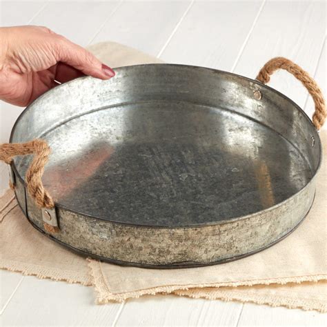 Round Galvanized Tray With Rope Handles Decorative Accents Primitive Decor Factory Direct