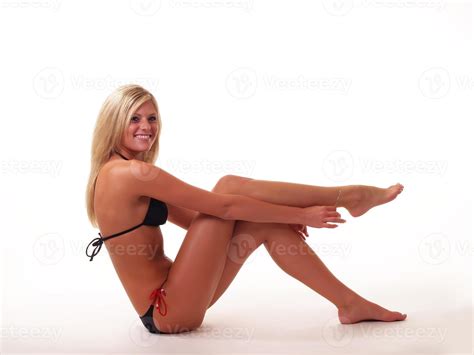 Caucasian Blond Woman In Black Bikini On White Stock Photo At Vecteezy