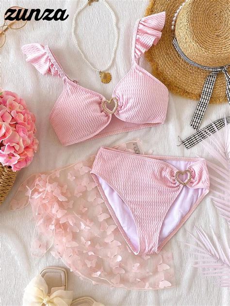 Conjunto De Bikini Con Volantes En Textura De Unicolor Para Vacaciones De Playa De Adolescentes