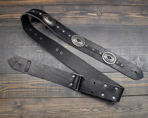 Black Leather Guitar Strap With Western Style Conchos And Etsy