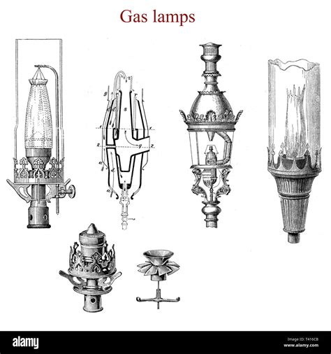 Différents types de lampes à gaz du XIX siècle à partir de la gauche