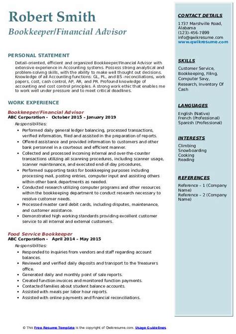 Bookkeeper Resume Samples Qwikresume