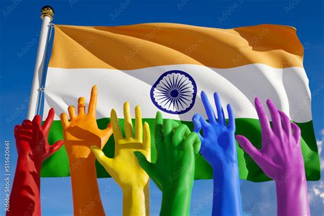Rainbow Colored Hands From Lgbt Community Over Flag Of India Indian Gay Parade Concept Of